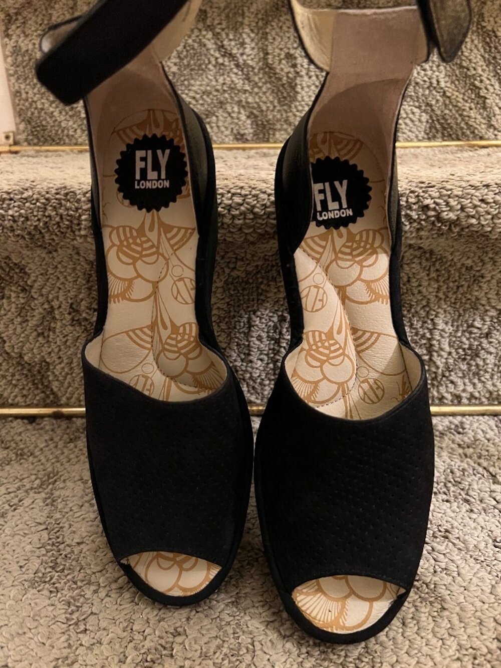 Fly London Yula Black Perforated Suede Wedge Sandals Shoes 42 or 10.5 - 11 - Picture 7 of 9